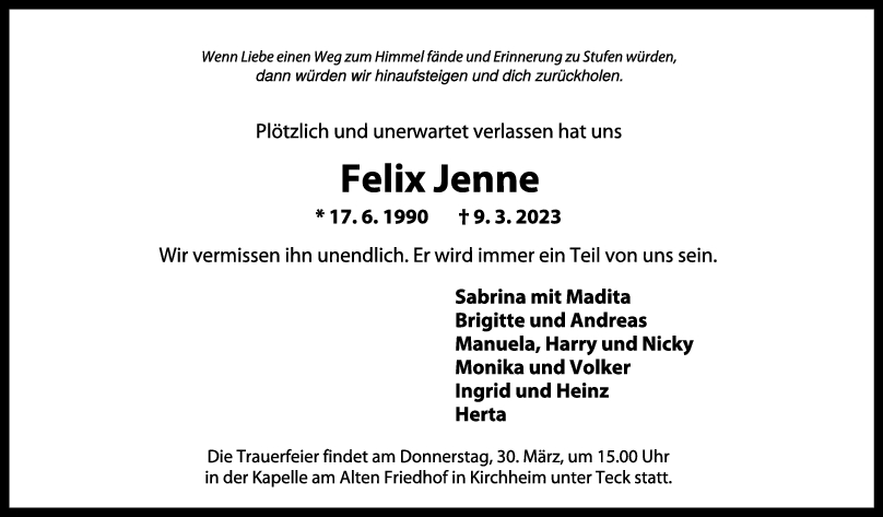 Trauer Felix Jenne 25/03/2023