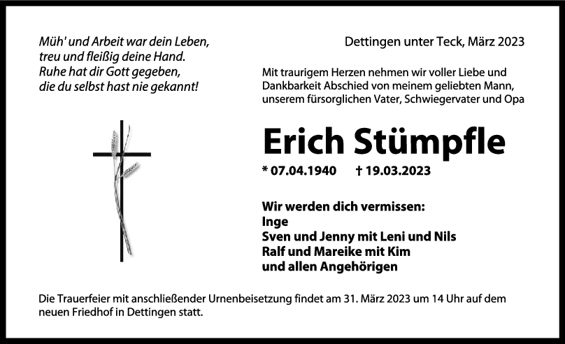 Trauer Erich Stümpfle 25/03/2023