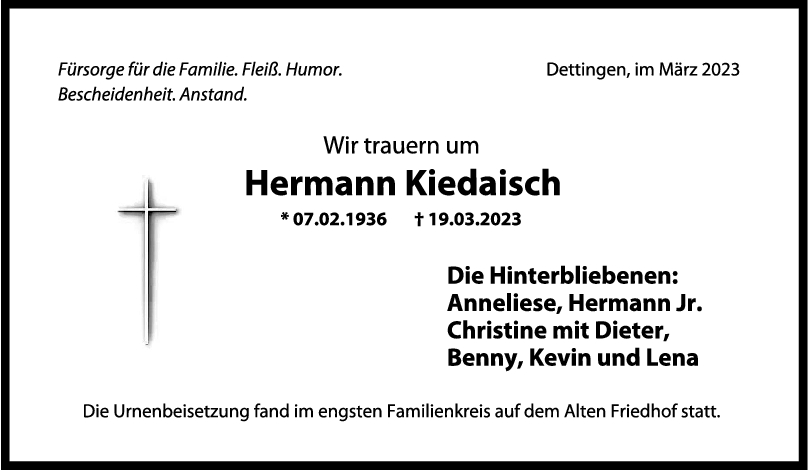 Trauer Hermann Kiedaisch 01/04/2023