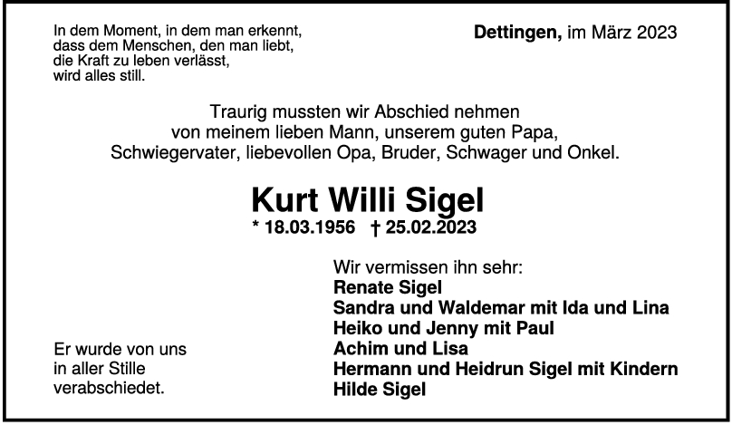 Trauer Kurt Willi Sigel 01/04/2023