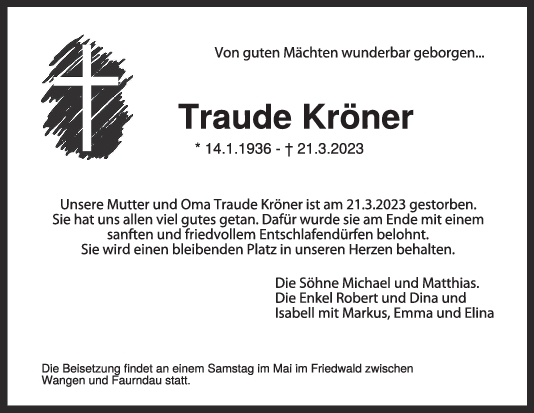 Trauer Traude Kröner 31/03/2023
