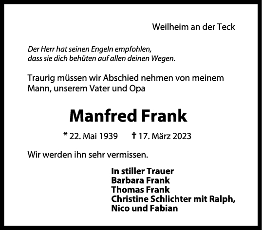 Trauer Manfred Frank 04/04/2023