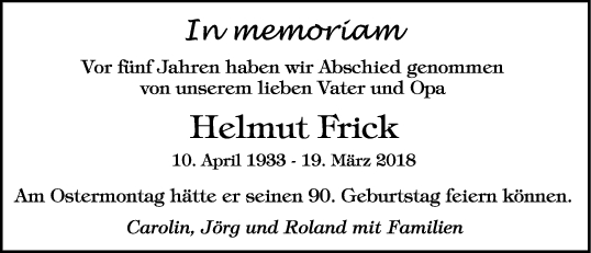 Nachruf Helmut Frick 08/04/2023
