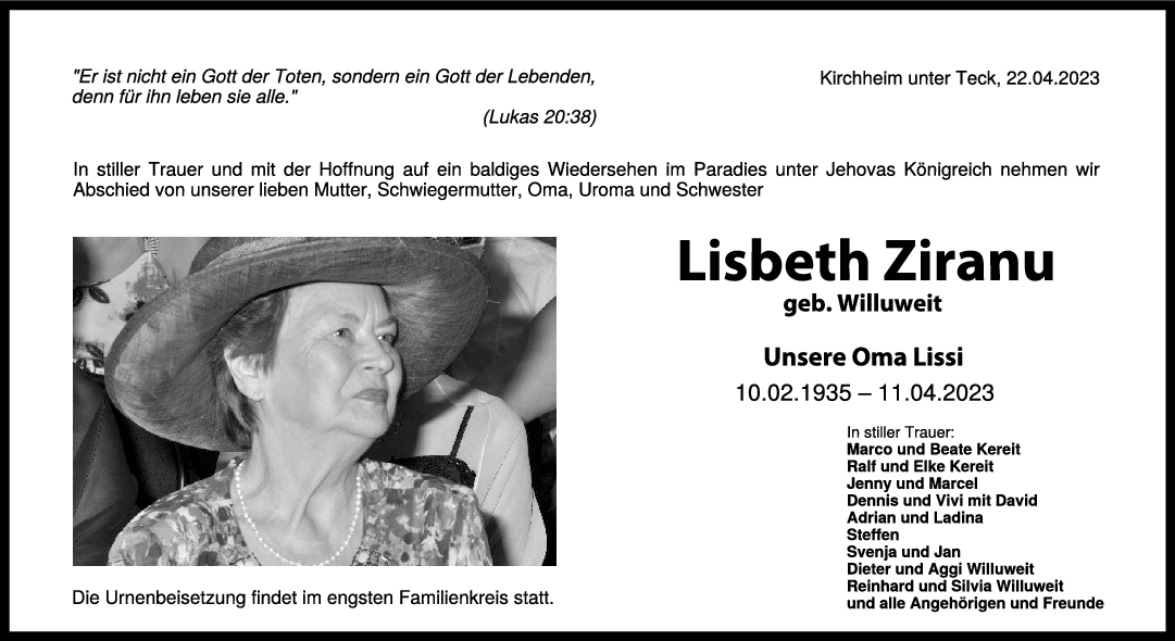 Trauer Lisbeth Ziranu 22/04/2023