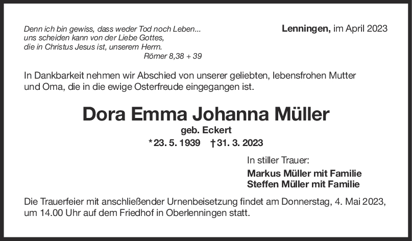 Trauer Dora Emma Johanna Müller 29/04/2023