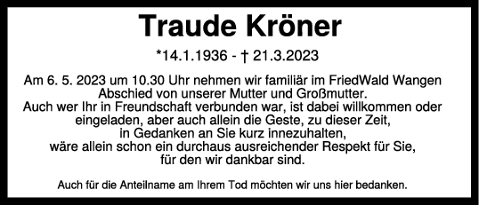 Trauer Traude Kröner 04/05/2023