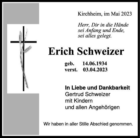 Trauer Erich Schweizer 06/05/2023