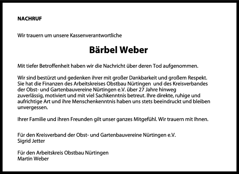 Nachruf Bärbel Weber 26/05/2023