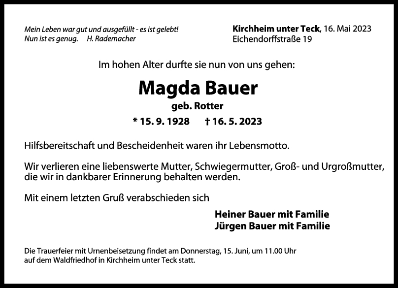 Trauer Magda Bauer 27/05/2023