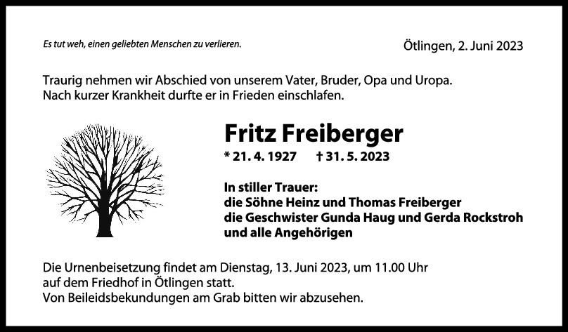 Trauer Fritz Freiberger 07/06/2023