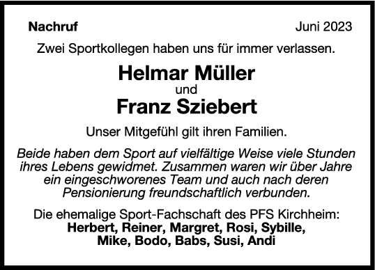 Nachruf Helmar Müller & Franz Sziebert 20/06/2023