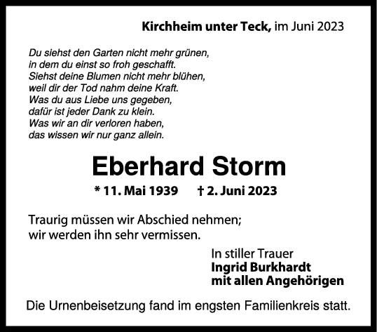 Trauer Eberhard Storm 16/06/2023