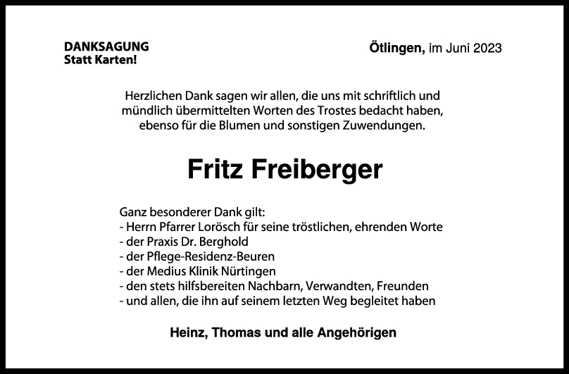 Danksagung Fritz Freiberger 26/06/2023