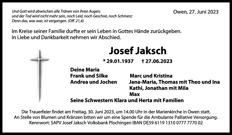 Trauer Josef Jaksch 29/06/2023