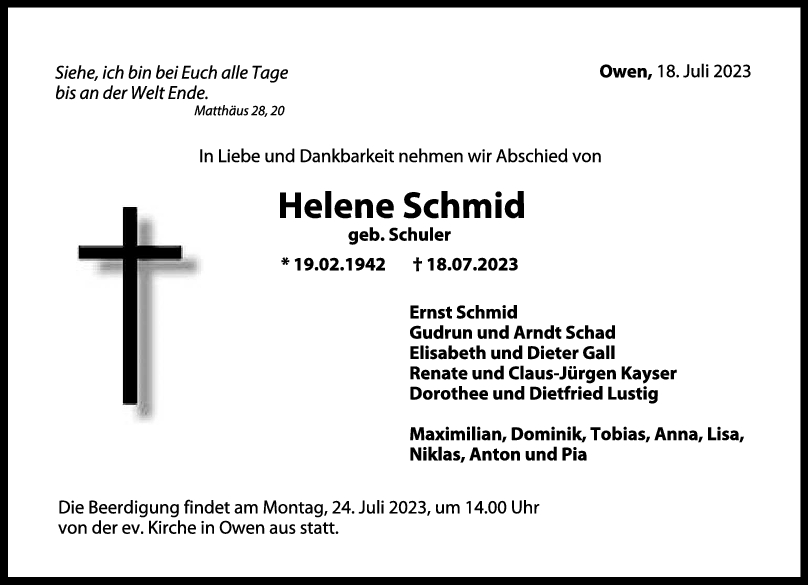 Trauer Helene Schmid 20/07/2023
