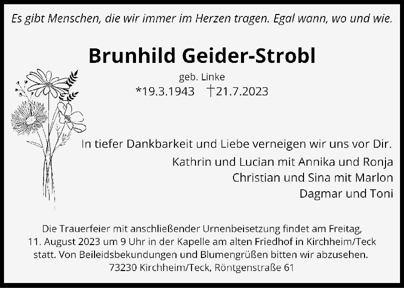 Trauer Brunhild Geider-Strobl 05/08/2023