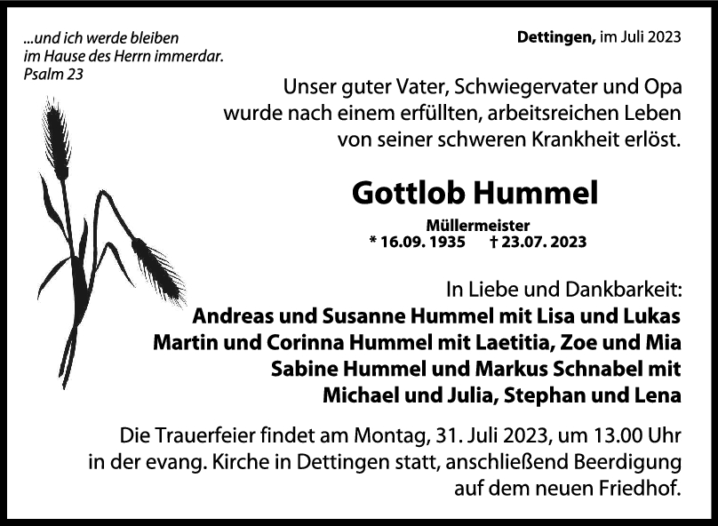 Trauer Gottlob Hummel 27/07/2023