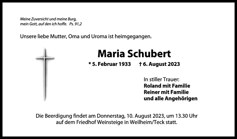 Trauer Maria Schubert 09/08/2023
