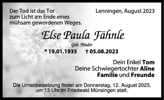 Trauer Else Paula Fähnle 12/08/2023