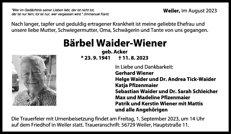 Trauer Bärbel Waider-Wiener 19/08/2023