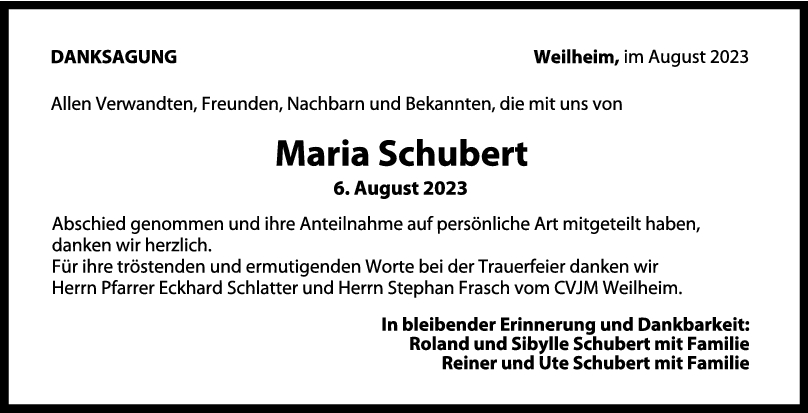 Danksagung Maria Schubert 26/08/2023