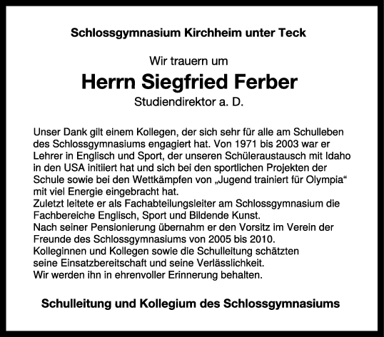 Nachruf Siegfried Ferber 30/08/2023
