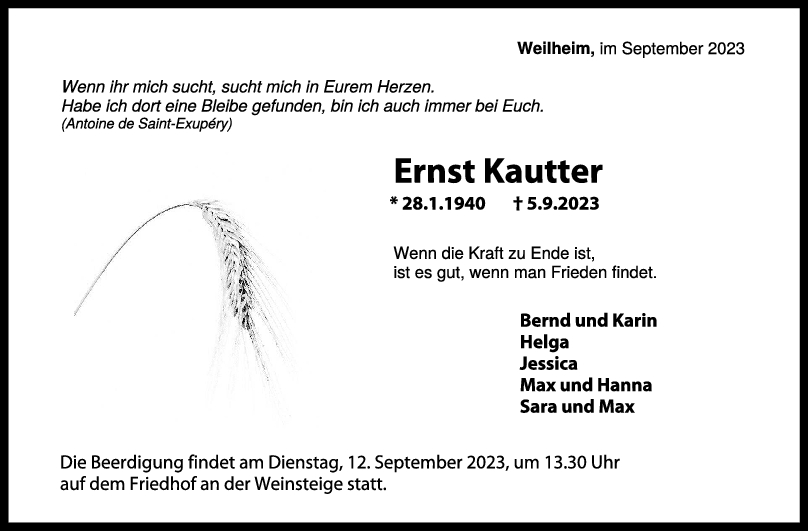 Trauer Ernst Kautter 08/09/2023