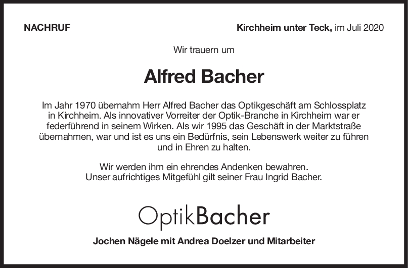 Nachruf Alfred Bacher <br><p style=