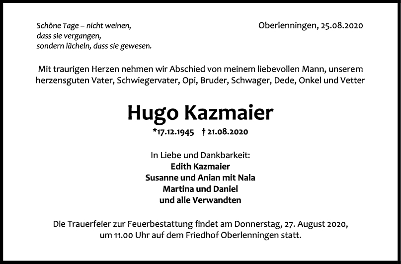Trauer Hugo Kazmaier <br><p style=