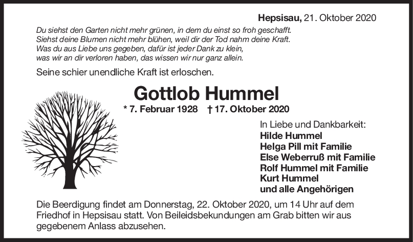 Trauer Gottlob Hummel <br><p style=