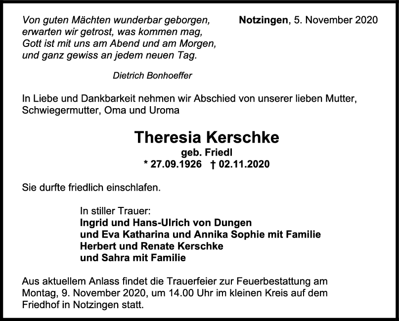 Trauer Theresia Kerschke <br><p style=