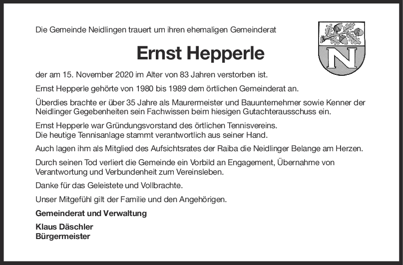Nachruf Ernst Hepperle <br><p style=