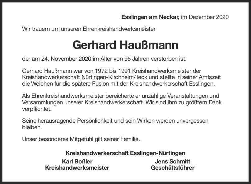 Nachruf Gerhard Haußmann <br><p style=