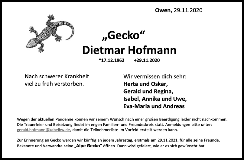 Trauer Dietmar Hofmann (Gecko) <br><p style=