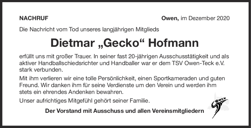 Nachruf Dietmar Hofmann (Gecko) <br><p style=