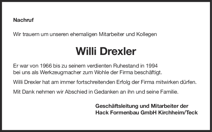 Nachruf Willi Drexler <br><p style=