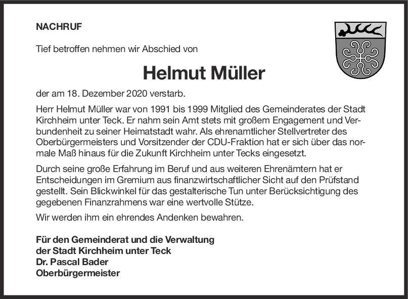 Nachruf Helmut Müller <br><p style=