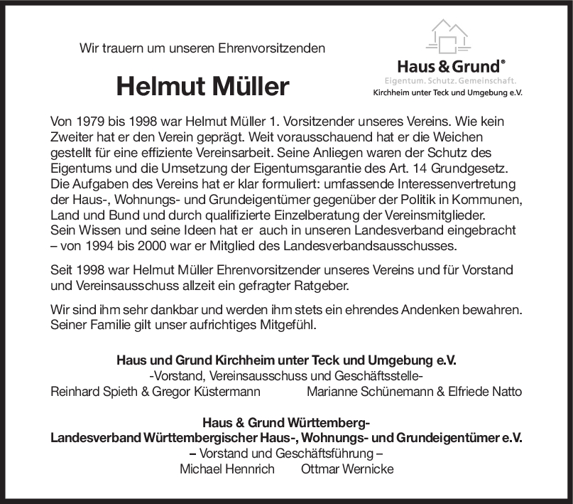 Nachruf Helmut Müller <br><p style=