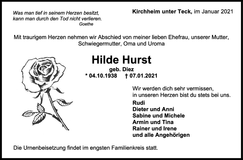 Trauer Hilde Hurst <br><p style=