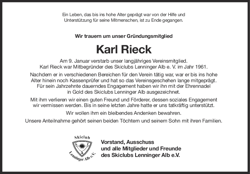 Nachruf Karl Rieck <br><p style=