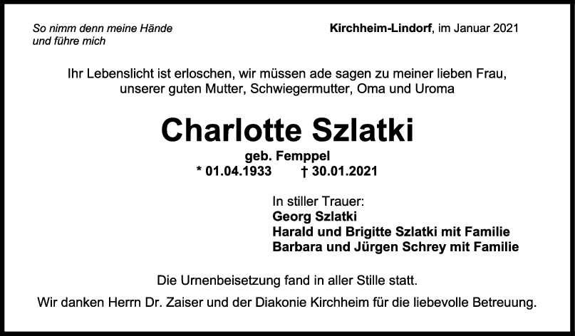 Trauer Charlotte Szlatki <br><p style=