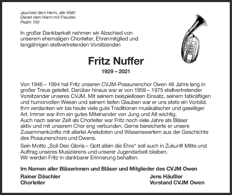 Nachruf Fritz Nuffer <br><p style=