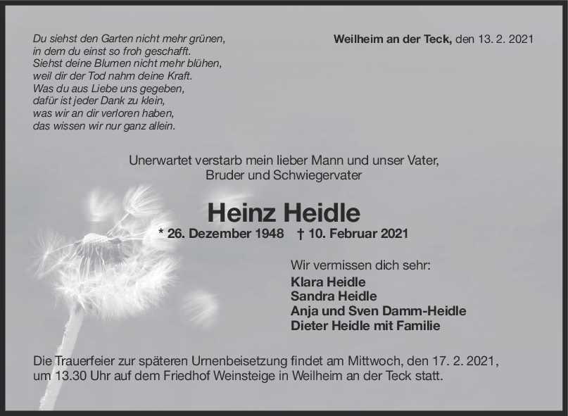 Trauer Heinz Heidle <br><p style=