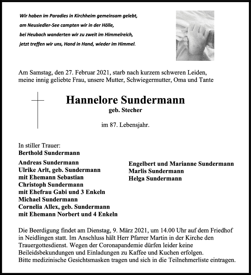 Trauer Hannelore Sundermann <br><p style=