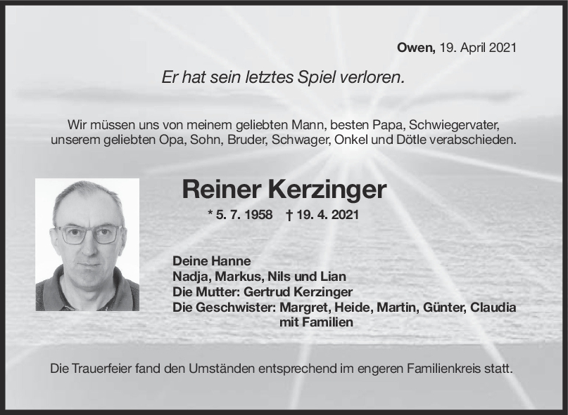 Trauer Reiner Kerzinger <br><p style=