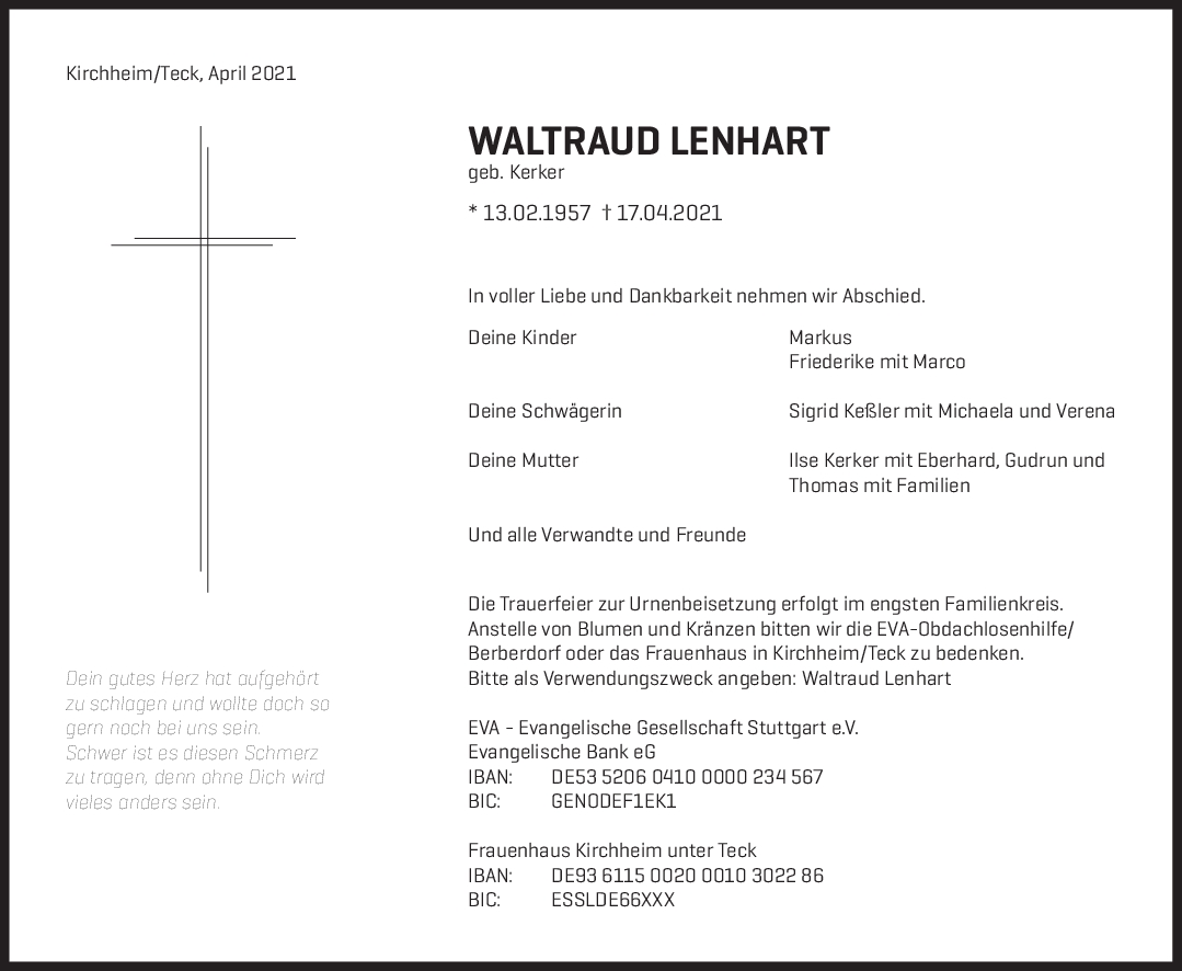 Trauer Waltraud Lenhart <br><p style=