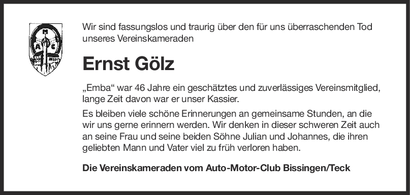 Nachruf Ernst Gölz <br><p style=