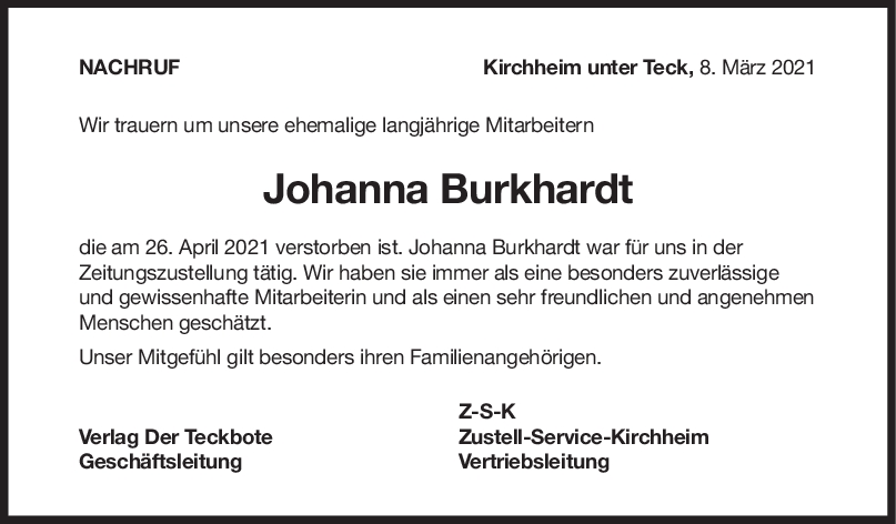 Nachruf Johanna Burkhardt <br><p style=