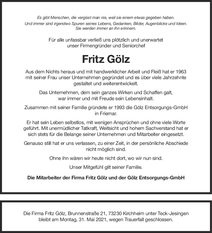 Nachruf Fritz Gölz <br><p style=