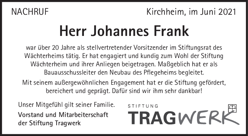 Nachruf Johannes Frank <br><p style=